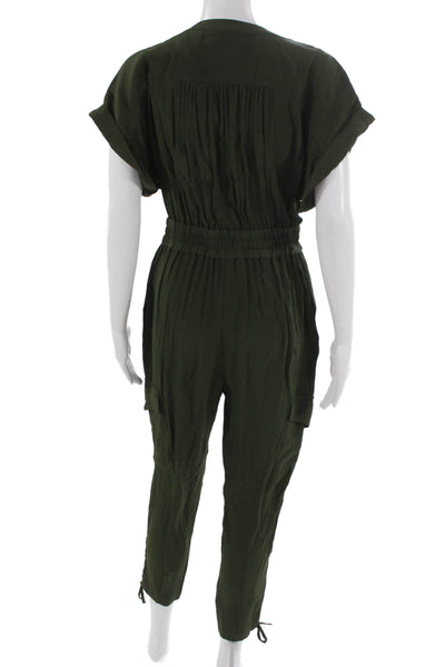 Parker Women Green V-Neck Short Sleeve Jumpsuit Button Viscose Size 2