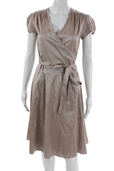 Calypso Womens Wrap Dress Silk Beige V Neck Short Sleeve Tie Waist Long Size 0