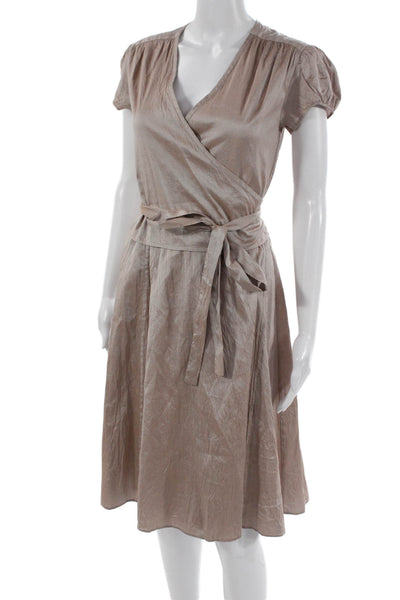 Calypso Womens Wrap Dress Silk Beige V Neck Short Sleeve Tie Waist Long Size 0