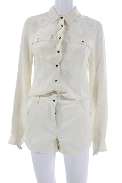 Elizabeth & James Women Silk Romper Collared Long Sleeve Button Ivory Size 0