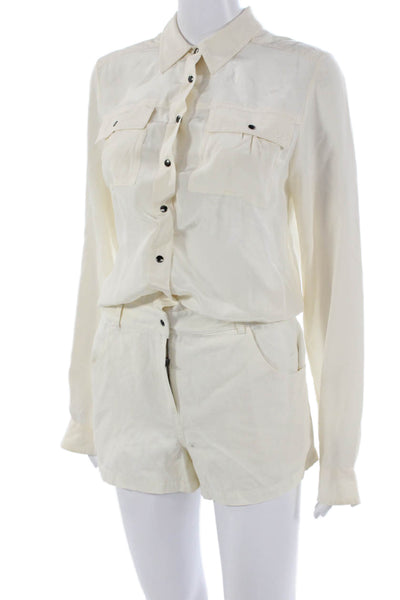 Elizabeth & James Women Silk Romper Collared Long Sleeve Button Ivory Size 0