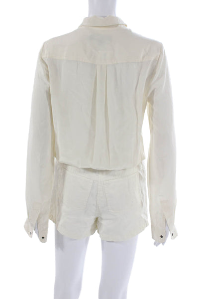 Elizabeth & James Women Silk Romper Collared Long Sleeve Button Ivory Size 0