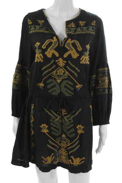 Free People Womens Shift Dress Black Cotton V-Neck Long Sleeve Short Size XS