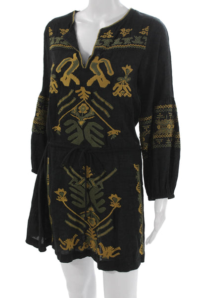 Free People Womens Shift Dress Black Cotton V-Neck Long Sleeve Short Size XS