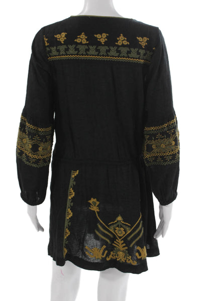 Free People Womens Shift Dress Black Cotton V-Neck Long Sleeve Short Size XS