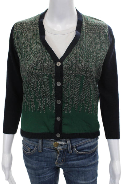Samantha Sung Women Blue Cashmere Graphic V-Neck Cardigan 3/4 Sleeve Size 4