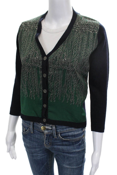 Samantha Sung Women Blue Cashmere Graphic V-Neck Cardigan 3/4 Sleeve Size 4
