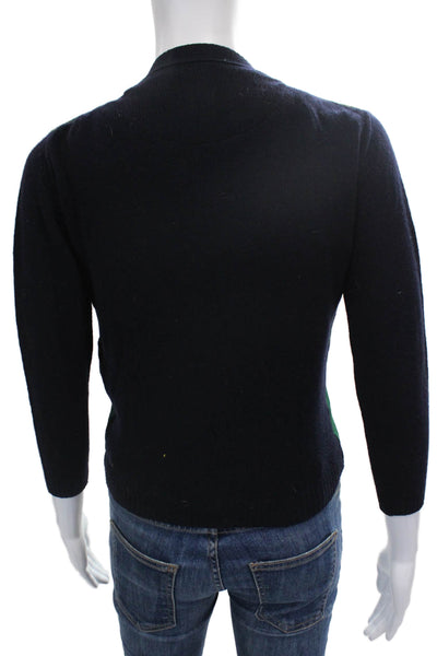 Samantha Sung Women Blue Cashmere Graphic V-Neck Cardigan 3/4 Sleeve Size 4