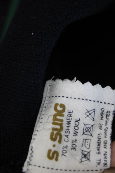 Samantha Sung Women Blue Cashmere Graphic V-Neck Cardigan 3/4 Sleeve Size 4