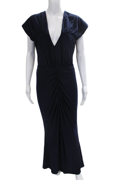 Jewel Badgley Mischka Women Blue V-Neck Maxi Short Sleeve Dress Size 10