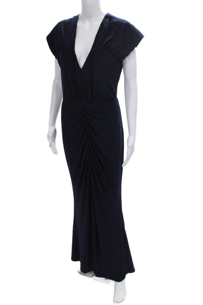 Jewel Badgley Mischka Women Blue V-Neck Maxi Short Sleeve Dress Size 10