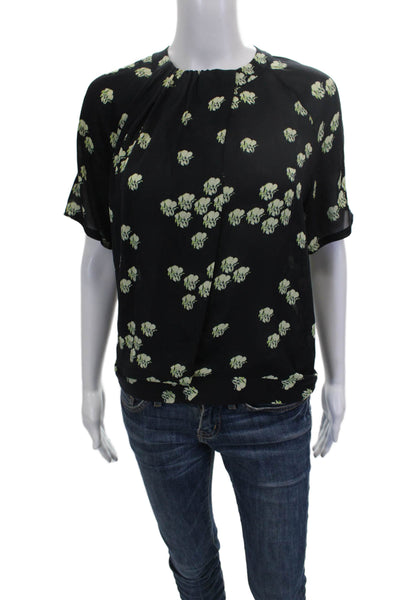 A.L.C. Womens Basic Silk Floral Round Neck Short Sleeve Blouse Black Size 4