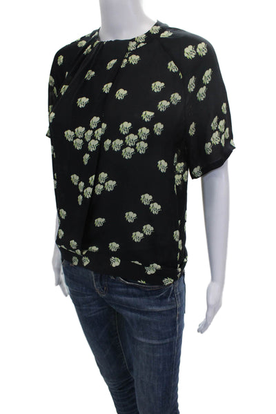 A.L.C. Womens Basic Silk Floral Round Neck Short Sleeve Blouse Black Size 4