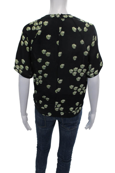 A.L.C. Womens Basic Silk Floral Round Neck Short Sleeve Blouse Black Size 4