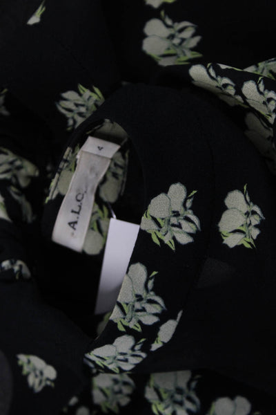 A.L.C. Womens Basic Silk Floral Round Neck Short Sleeve Blouse Black Size 4
