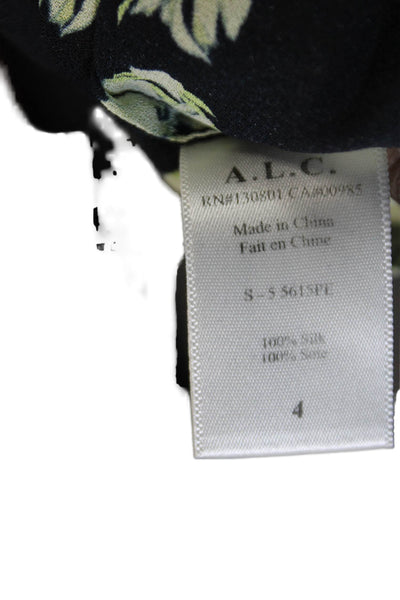 A.L.C. Womens Basic Silk Floral Round Neck Short Sleeve Blouse Black Size 4