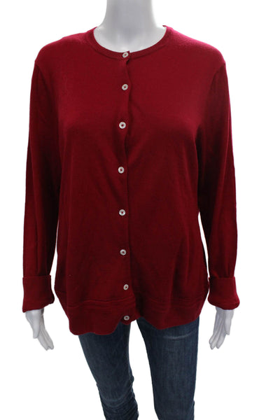 Brooks Brothers Women Merino Wool Red Cardigan Long Sleeve Round Neck Size L
