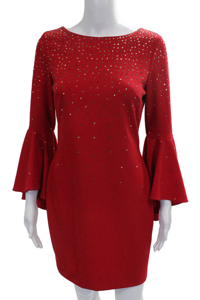 Calvin Klein Women Sheath Dress Red Long Sleeve Boat Neck Size 2