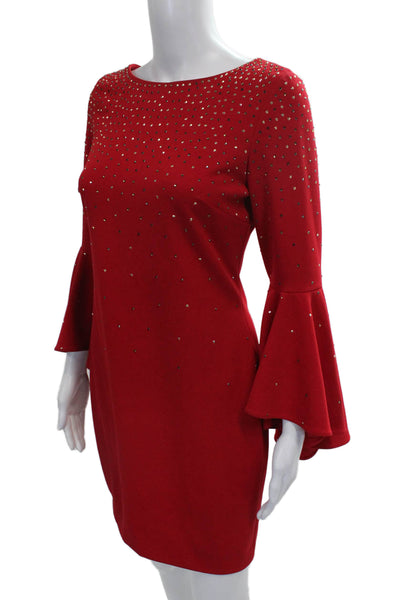 Calvin Klein Women Sheath Dress Red Long Sleeve Boat Neck Size 2