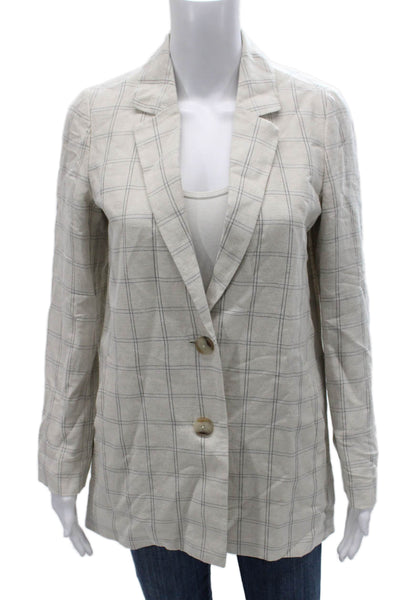 Madewell Women Beige Linen Check Blazer Button Long Sleeve Size XS