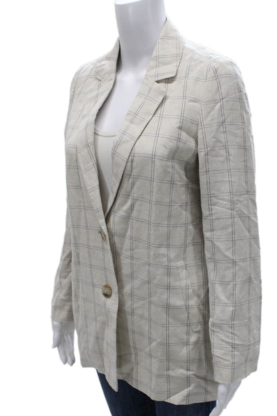 Madewell Women Beige Linen Check Blazer Button Long Sleeve Size XS
