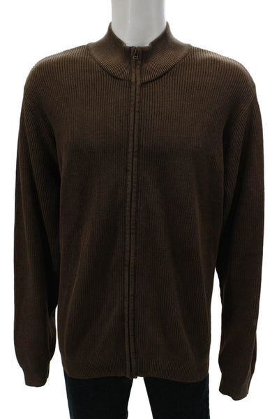 Izod Mens Full Zip Cotton Mock Neck Sweater Brown Size 2XL