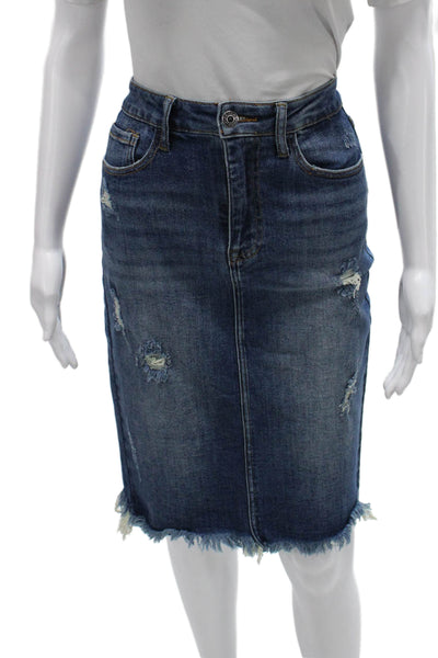Risen Women Straight Pencil Skirt Blue Zip 95% Cotton Knee Length Size M