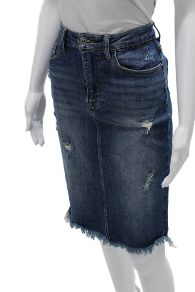 Risen Women Straight Pencil Skirt Blue Zip 95% Cotton Knee Length Size M