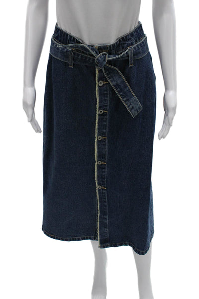 Q2 Women Straight Pencil Skirt Blue Cotton Button Knee Length Size S