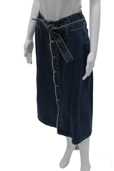Q2 Women Straight Pencil Skirt Blue Cotton Button Knee Length Size S