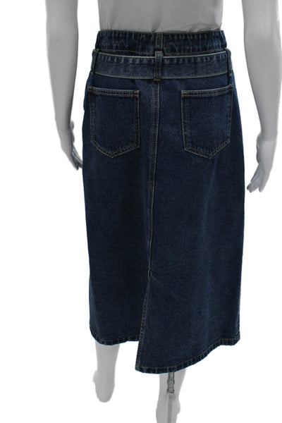 Q2 Women Straight Pencil Skirt Blue Cotton Button Knee Length Size S