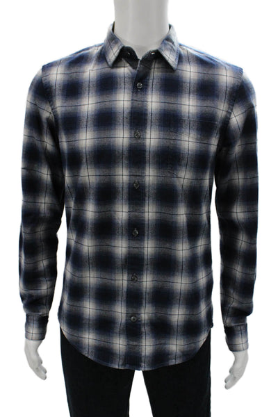 Vince Mens Button Front Collared Plaid Shirt Blue White Size Small