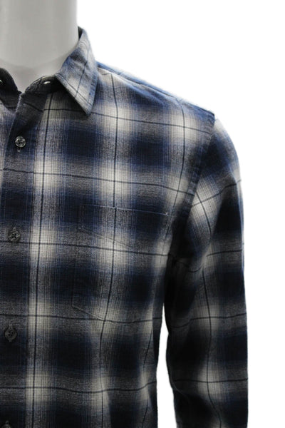 Vince Mens Button Front Collared Plaid Shirt Blue White Size Small