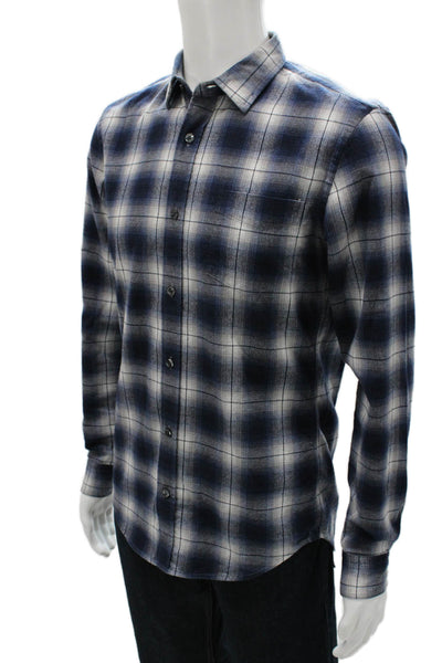 Vince Mens Button Front Collared Plaid Shirt Blue White Size Small