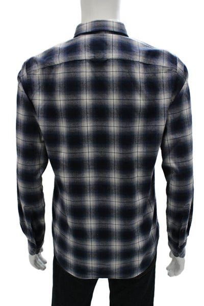 Vince Mens Button Front Collared Plaid Shirt Blue White Size Small