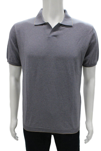 Ferrante Mens Polo Silk Striped Collared Short Sleeve Gray Size 50