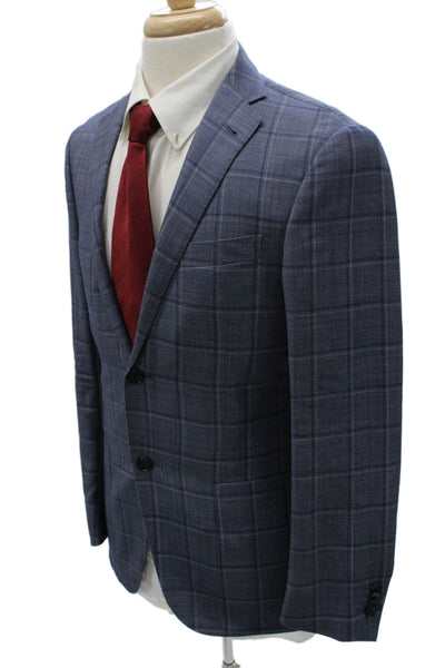 Corneliani Mens Blue Plaid Virgin Wool Blazer Size 46