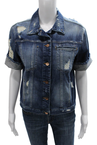 Genetic Women Basic Jacket Blue Cotton Button Short Sleeve Size M
