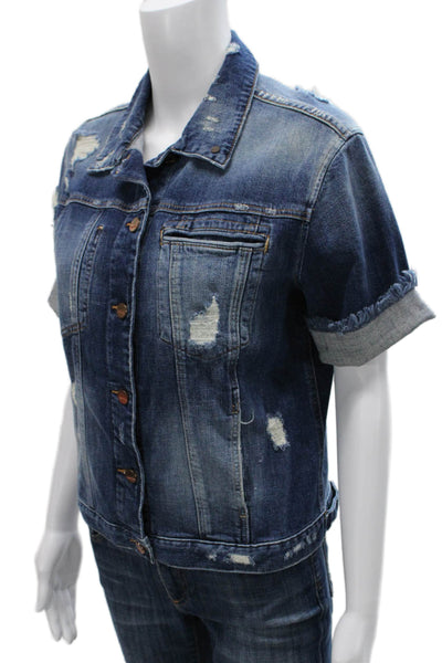 Genetic Women Basic Jacket Blue Cotton Button Short Sleeve Size M