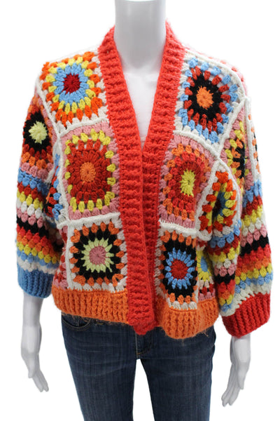 Anja Rock Womens Multicolor V-Neck Geometric Cardigan 3/4 Sleeve Size S