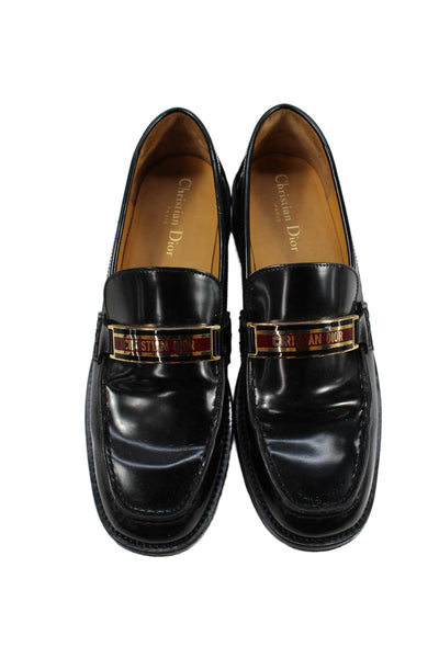 Christian Dior Womens Slip On Logo Buckle Leather Loafers Black Size 40