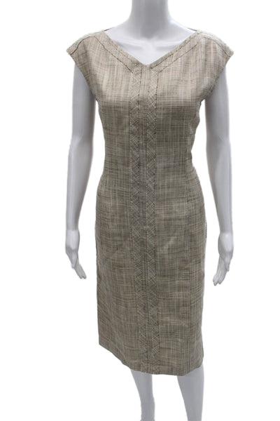 Carolina Herrera Women Sheath Dress Beige Silk V Neck Knee Length Size 8