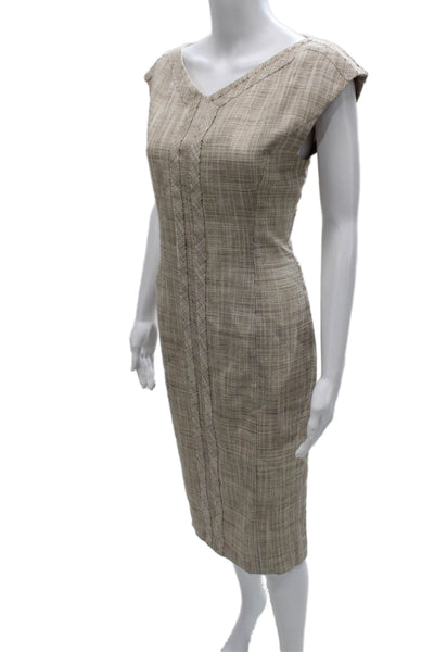 Carolina Herrera Women Sheath Dress Beige Silk V Neck Knee Length Size 8