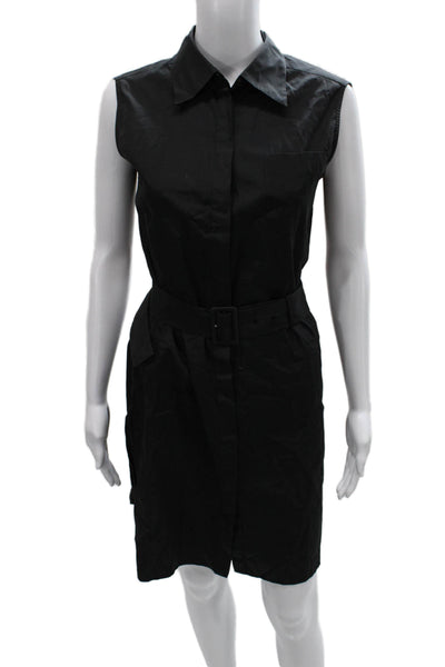 Prada Womens Shirt Dress Black Cotton Collared Button Sleeveless Size 42