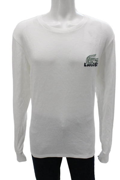 Lacoste Mens Pajama Top White Striped Crew Neck Long Sleeve Cotton Size L