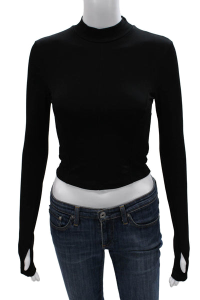 Enza Costa Womens Cropped Mock Neck Long Sleeve Black Viscose Top Size S