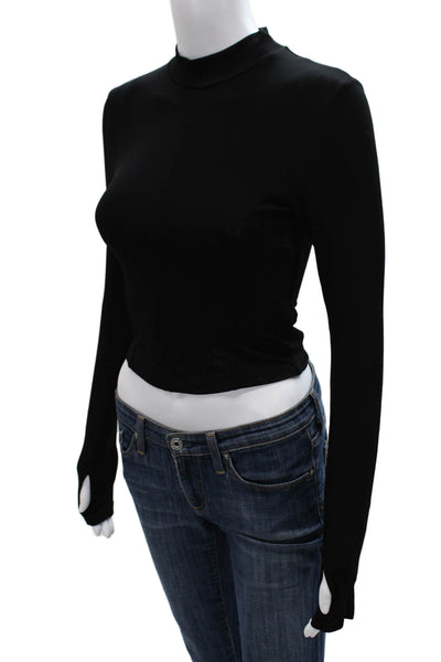 Enza Costa Womens Cropped Mock Neck Long Sleeve Black Viscose Top Size S
