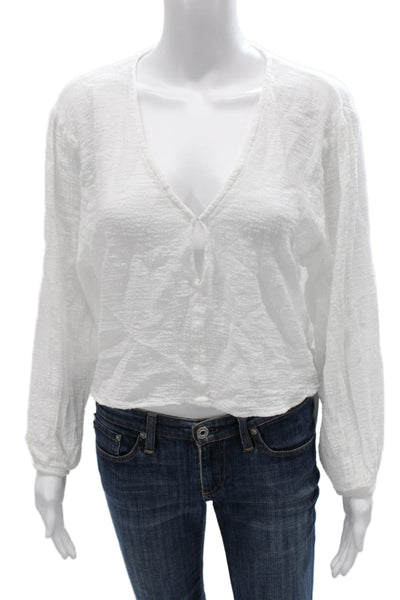 Enza Costa Womens Cropped Blouse White V Neck Cotton Long Sleeve Size 1
