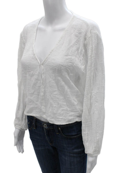 Enza Costa Womens Cropped Blouse White V Neck Cotton Long Sleeve Size 1