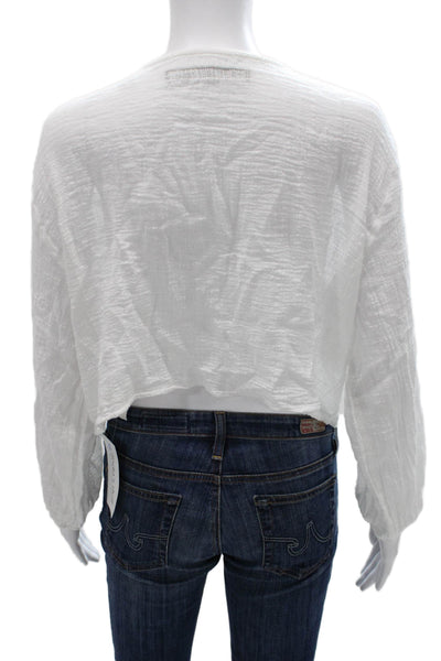 Enza Costa Womens Cropped Blouse White V Neck Cotton Long Sleeve Size 1